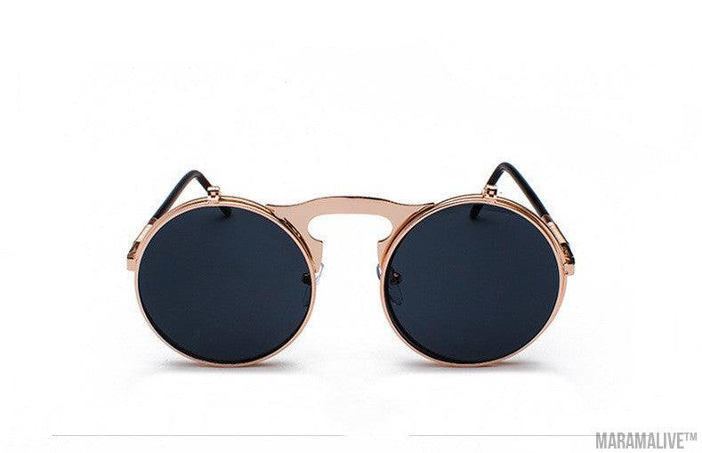 Retro Metal Steampunk Flip Sunglasses Round Frame