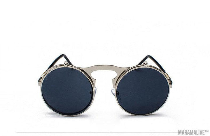 Retro Metal Steampunk Flip Sunglasses Round Frame