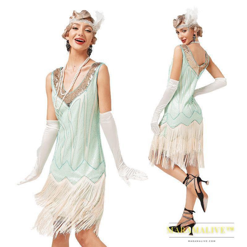 Retro V-neck Double-layered Tassel Gatsby Cocktail Ball Sequin Bead Dress