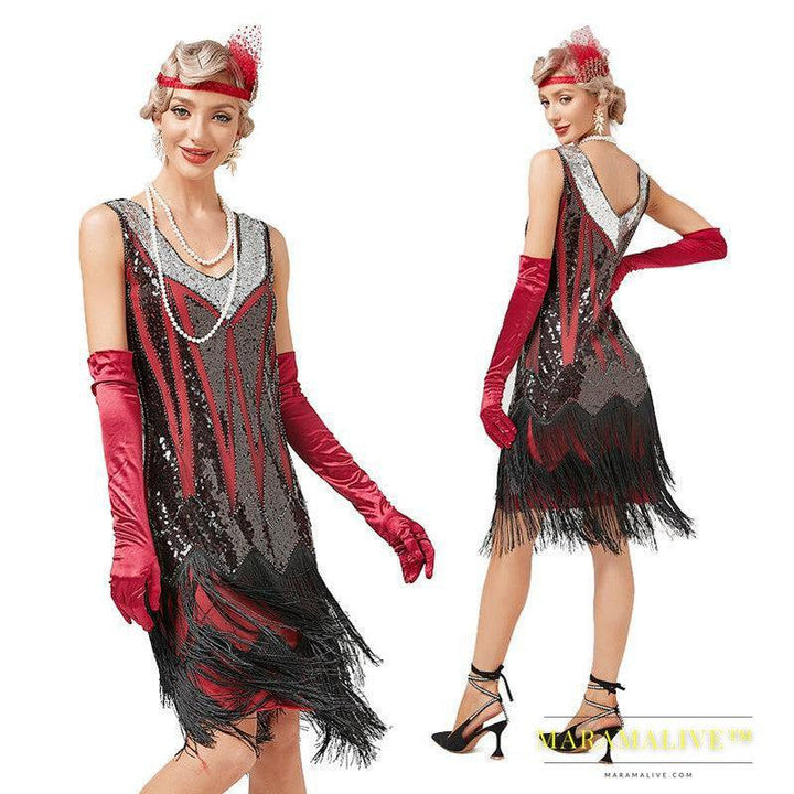 Retro V-neck Double-layered Tassel Gatsby Cocktail Ball Sequin Bead Dress