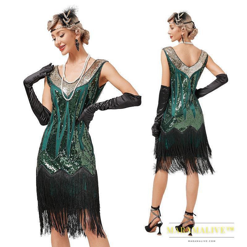 Retro V-neck Double-layered Tassel Gatsby Cocktail Ball Sequin Bead Dress