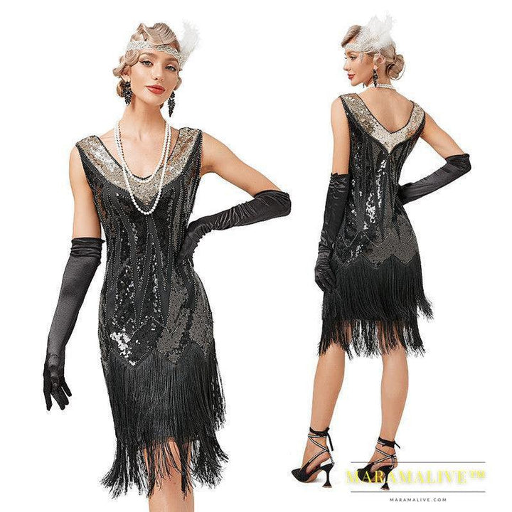 Retro V-neck Double-layered Tassel Gatsby Cocktail Ball Sequin Bead Dress