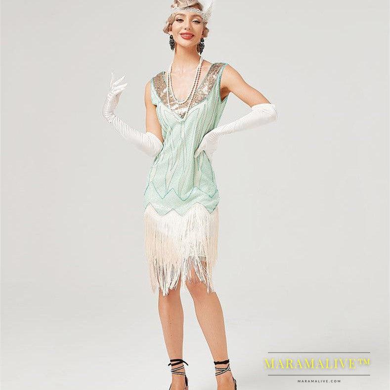 Retro V-neck Double-layered Tassel Gatsby Cocktail Ball Sequin Bead Dress