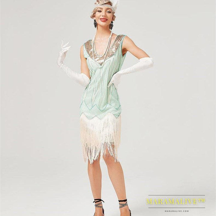 Retro V-neck Double-layered Tassel Gatsby Cocktail Ball Sequin Bead Dress