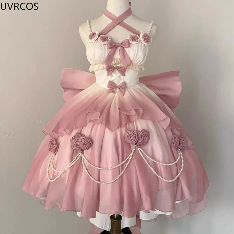 Retro Victorian Lolita Dress Elegant Women Sweet Bow Pearl Chain Ruffles Rose Flower Dresses Kawaii Gradient Pink Princess Dress