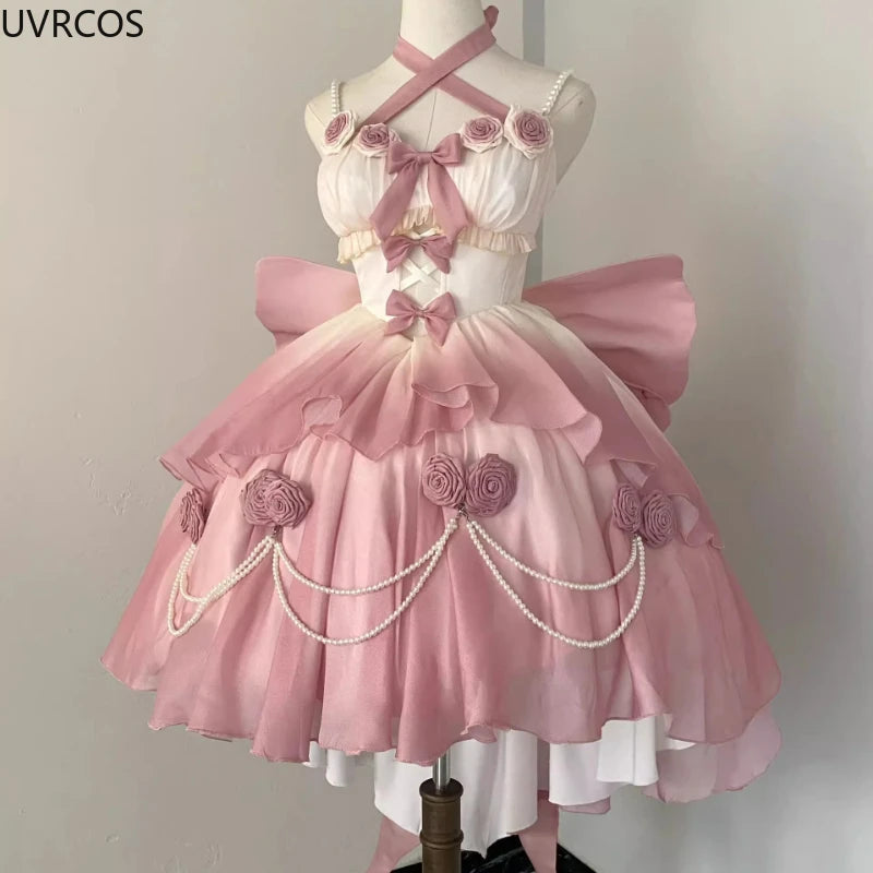 Retro Victorian Lolita Dress Elegant Women Sweet Bow Pearl Chain Ruffles Rose Flower Dresses Kawaii Gradient Pink Princess Dress