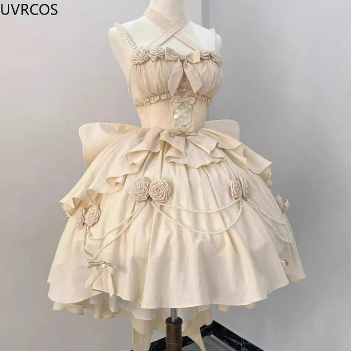 Retro Victorian Lolita Dress Elegant Women Sweet Bow Pearl Chain Ruffles Rose Flower Dresses Kawaii Gradient Pink Princess Dress