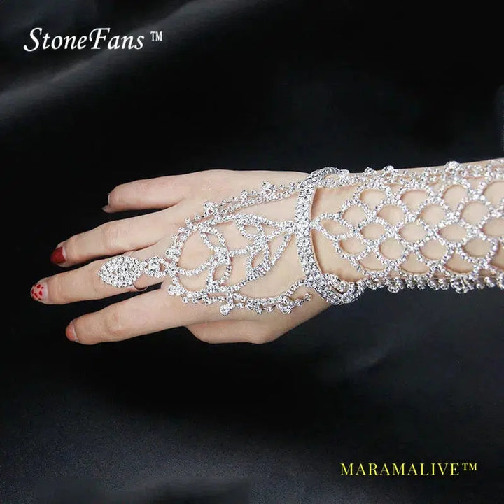 Rhinestone AB Long Leaves Bracelet And Bangles With Ring Bestmen Wedding Cuff Arm Bracelets For Women Wedding Present