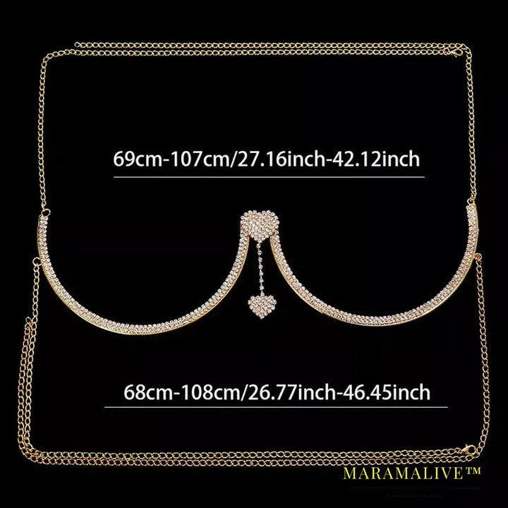 Rhinestone Double Heart Chest Chain Lingerie Jewelry Festival Rave Bikinis Crystal Body Chain Bra Dress Accessories