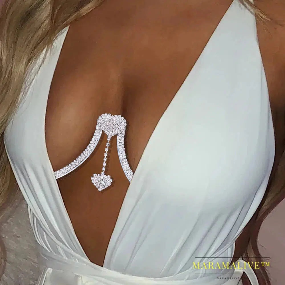 Rhinestone Double Heart Chest Chain Lingerie Jewelry Festival Rave Bikinis Crystal Body Chain Bra Dress Accessories