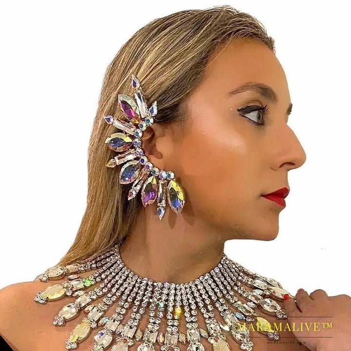 Rhinestone Exaggerate Ear Clip Earrings No Piercing for Women Large AB Color Crystal Statement Cuff Earrings Jewelry