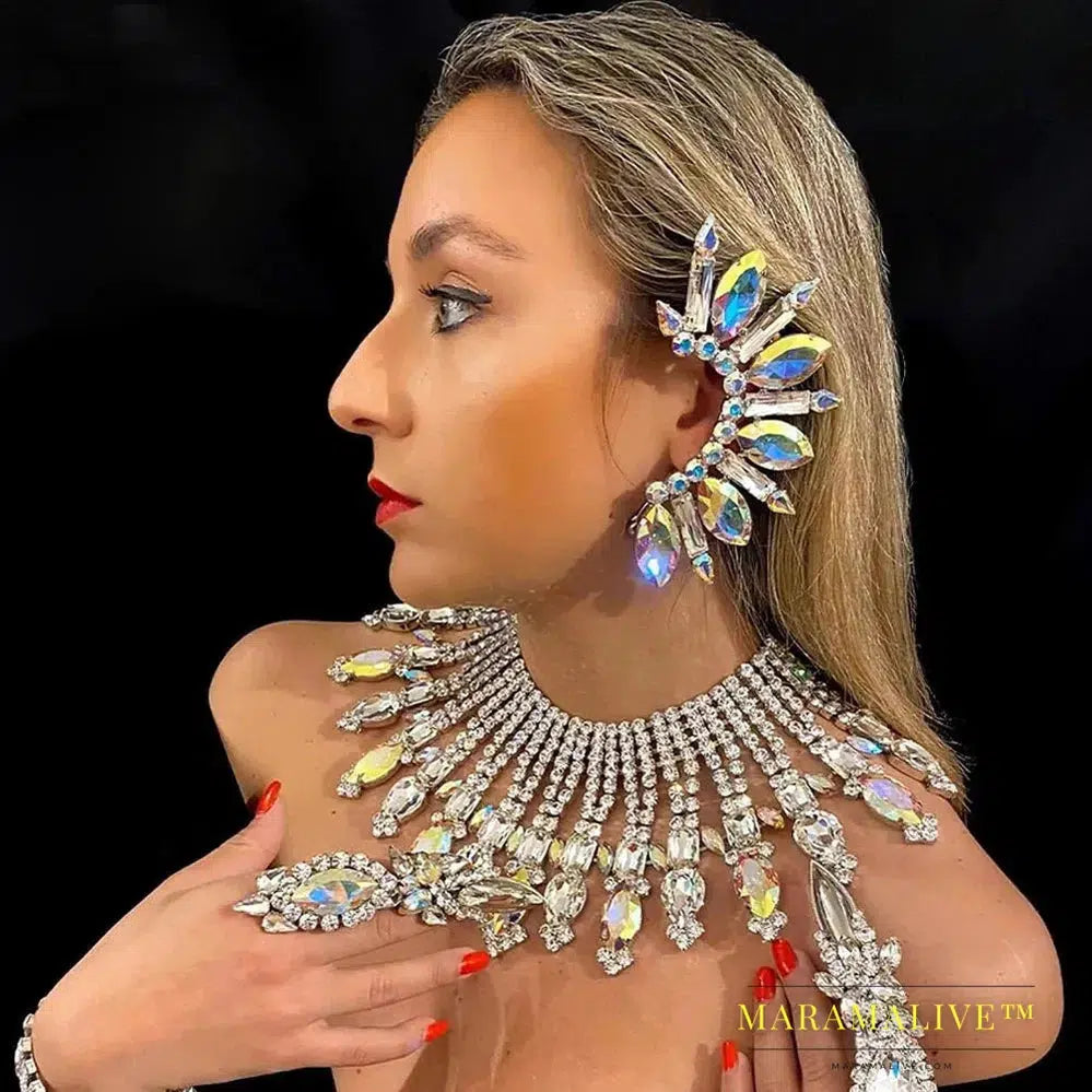 Rhinestone Exaggerate Ear Clip Earrings No Piercing for Women Large AB Color Crystal Statement Cuff Earrings Jewelry