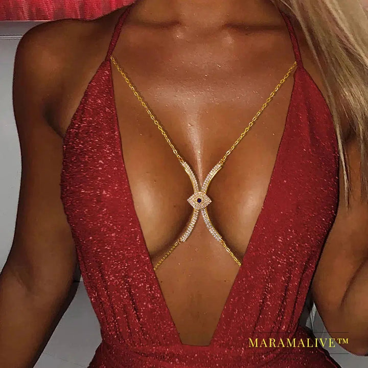 Rhinestone Eye Chest Bracket Bra Chain Body Jewelry Festival Clothing Women Bikini Body Chain Harness Rave Accessories