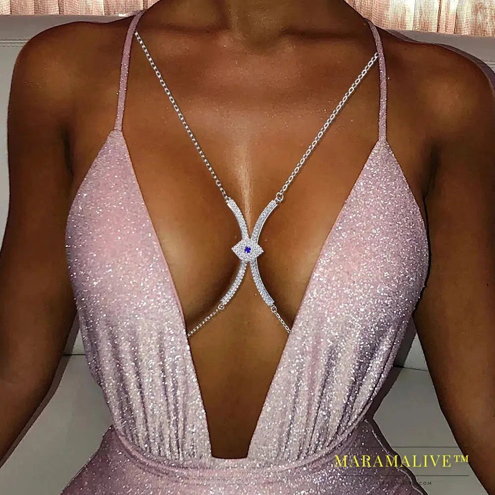 Rhinestone Eye Chest Bracket Bra Chain Body Jewelry Festival Clothing Women Bikini Body Chain Harness Rave Accessories