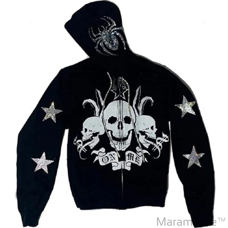 Rhinestone Full Zip Hoodie Skeleton Goth Sweatshirt Pull Long Sleeve Black Hoodies Y2k Fashion Men's Women's Sport Jackets Coats