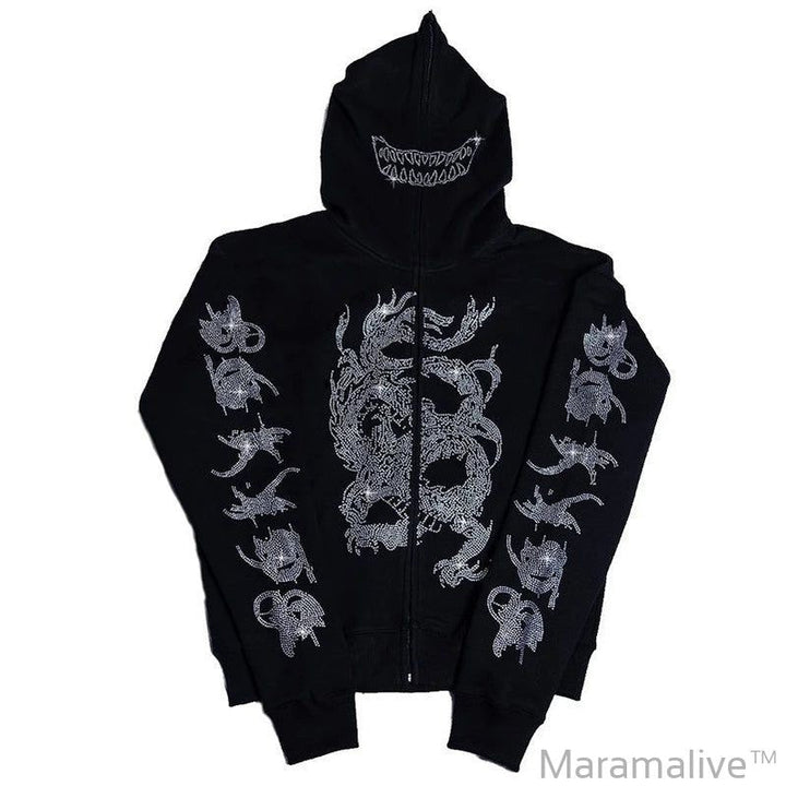 Rhinestone Full Zip Hoodie Skeleton Goth Sweatshirt Pull Long Sleeve Black Hoodies Y2k Fashion Men's Women's Sport Jackets Coats