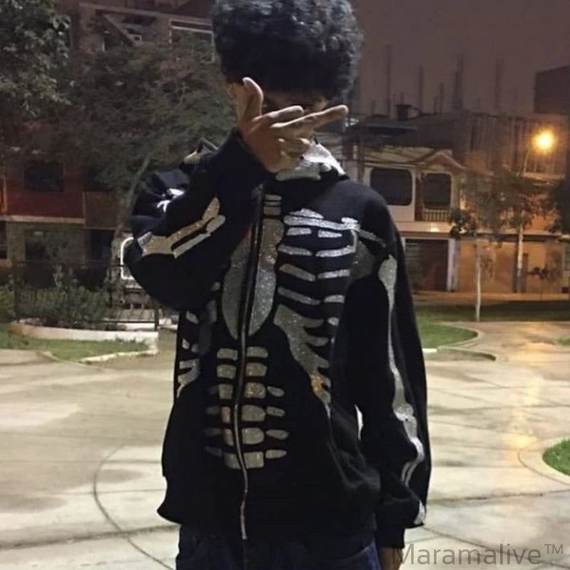 Rhinestone Full Zip Hoodie Skeleton Goth Sweatshirt Pull Long Sleeve Black Hoodies Y2k Fashion Men's Women's Sport Jackets Coats