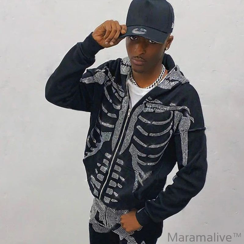 Rhinestone Full Zip Hoodie Skeleton Goth Sweatshirt Pull Long Sleeve Black Hoodies Y2k Fashion Men's Women's Sport Jackets Coats