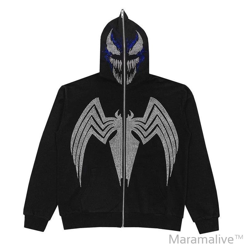 Rhinestone Full Zip Hoodie Skeleton Goth Sweatshirt Pull Long Sleeve Black Hoodies Y2k Fashion Men's Women's Sport Jackets Coats