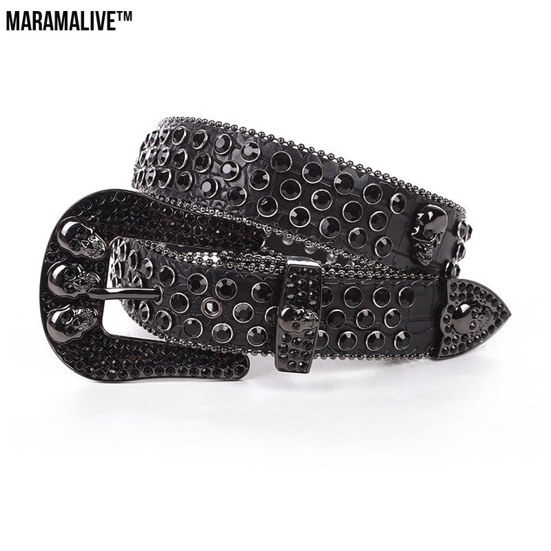 Rhinestone Inset Needle Buckle Skull Belt