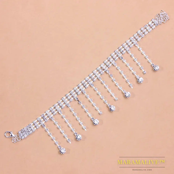 Rhinestone Tassel Pendant Anklet Bracelets on Leg for Women Charm Sandals Anklet Chain Crystal Foot Jewelry Barefoot