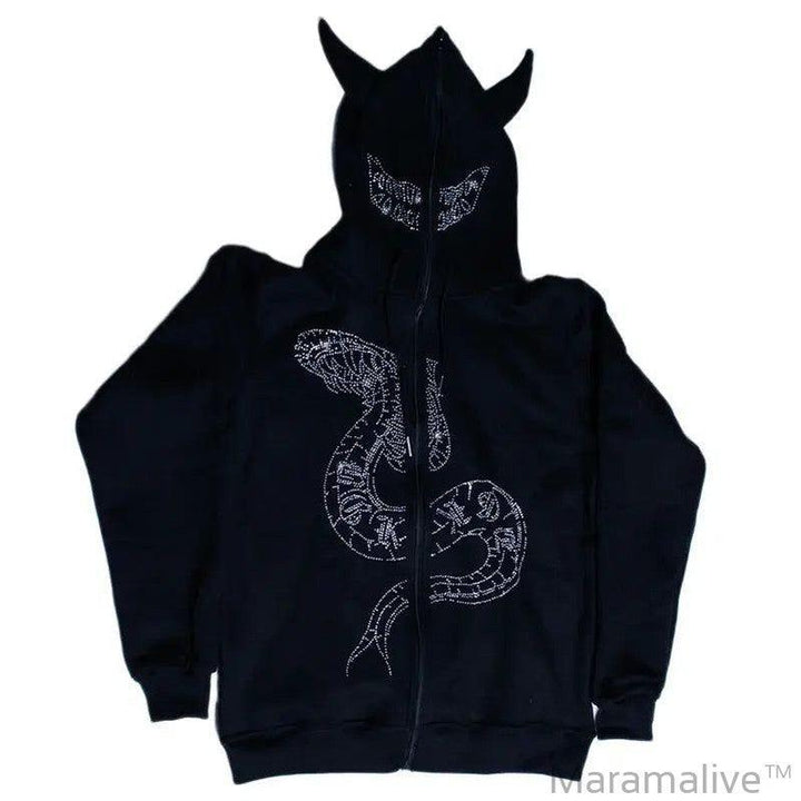 Rhinestone graphics devil snake zip Hooded Sweatshirt Men's hoodies Goth Oversized hoodie Grunge Men's clothes emo