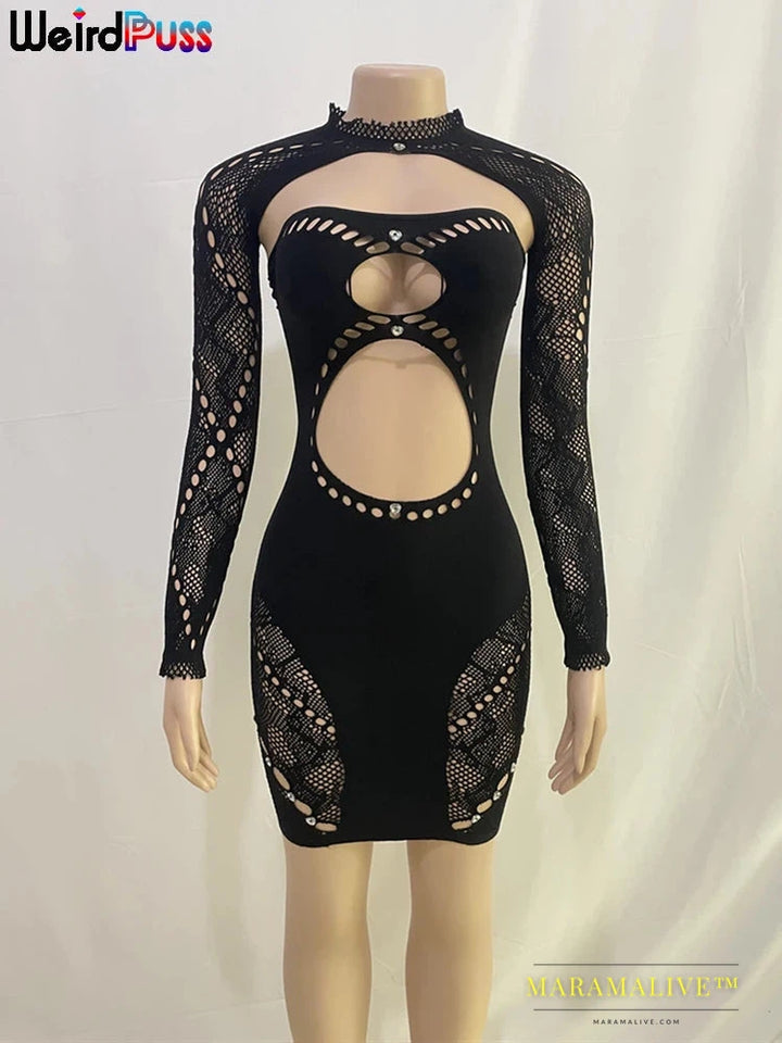 Rhinestones Dress Women Stretch Chic Shawl Hollow Patchwork Strapless Skinny Backless Bodycon Midnight Clubwear