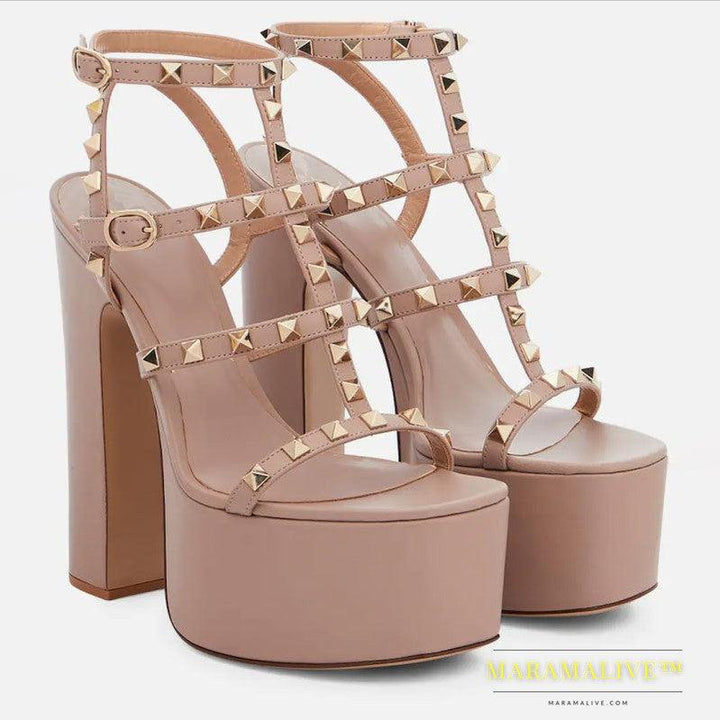 Rivets Round Toe Strap Waterproof Platform Thick Heel Super High Sandals