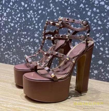 Rivets Round Toe Strap Waterproof Platform Thick Heel Super High Sandals