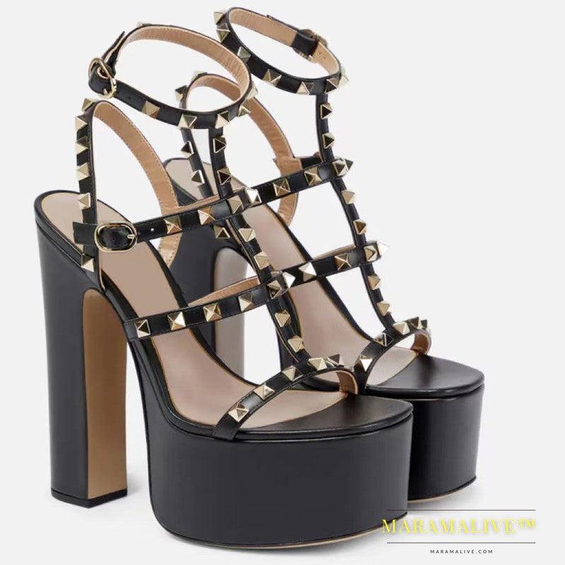 Rivets Round Toe Strap Waterproof Platform Thick Heel Super High Sandals