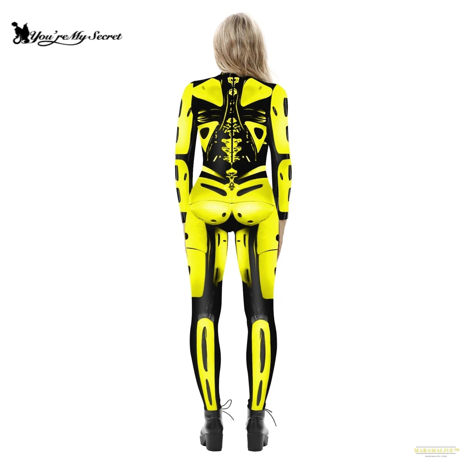 Robot Punk Cosplay Costume for Women Digital Printing Yellow Long Sleeves Jumpsuit Halloween Dress Up Bodysuit