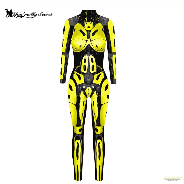 Robot Punk Cosplay Costume for Women Digital Printing Yellow Long Sleeves Jumpsuit Halloween Dress Up Bodysuit