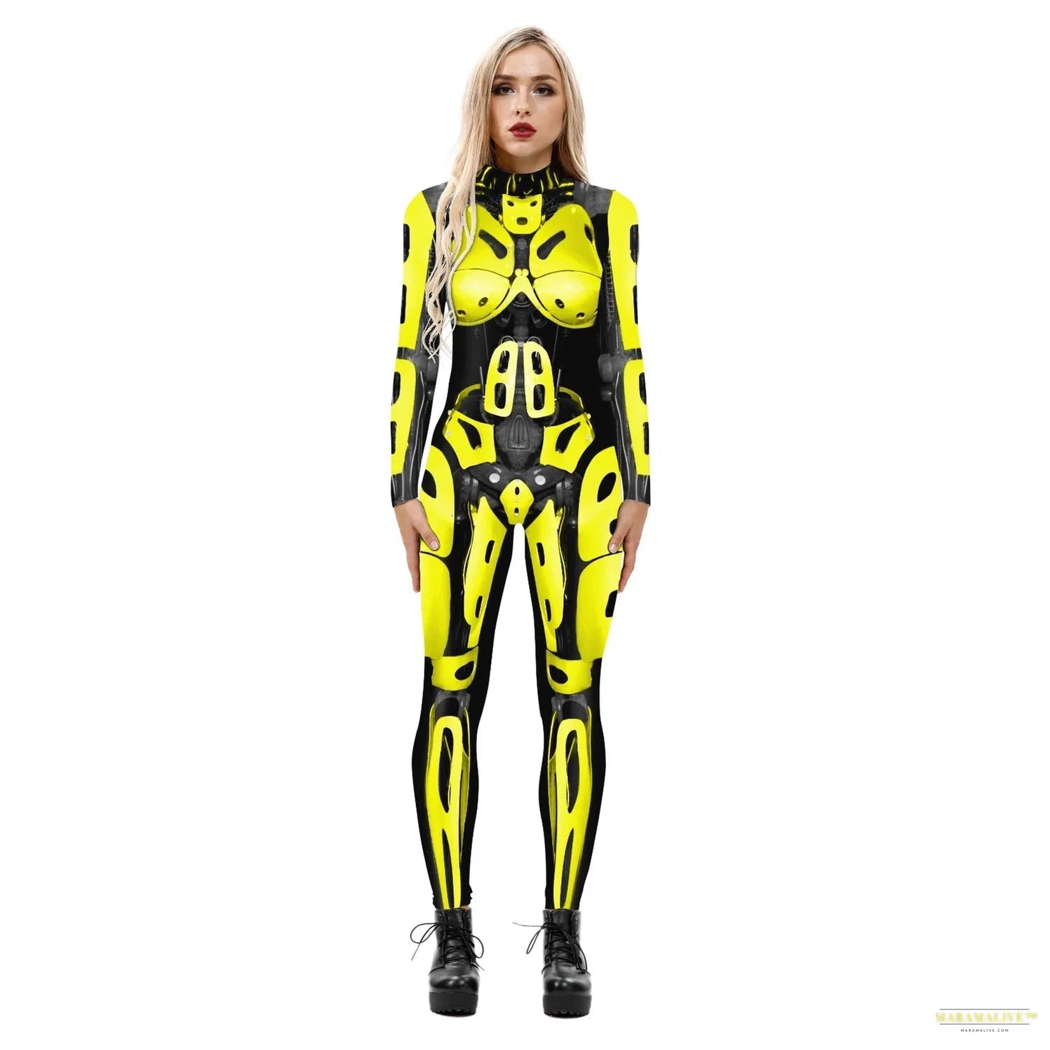 Robot Punk Cosplay Costume for Women Digital Printing Yellow Long Sleeves Jumpsuit Halloween Dress Up Bodysuit