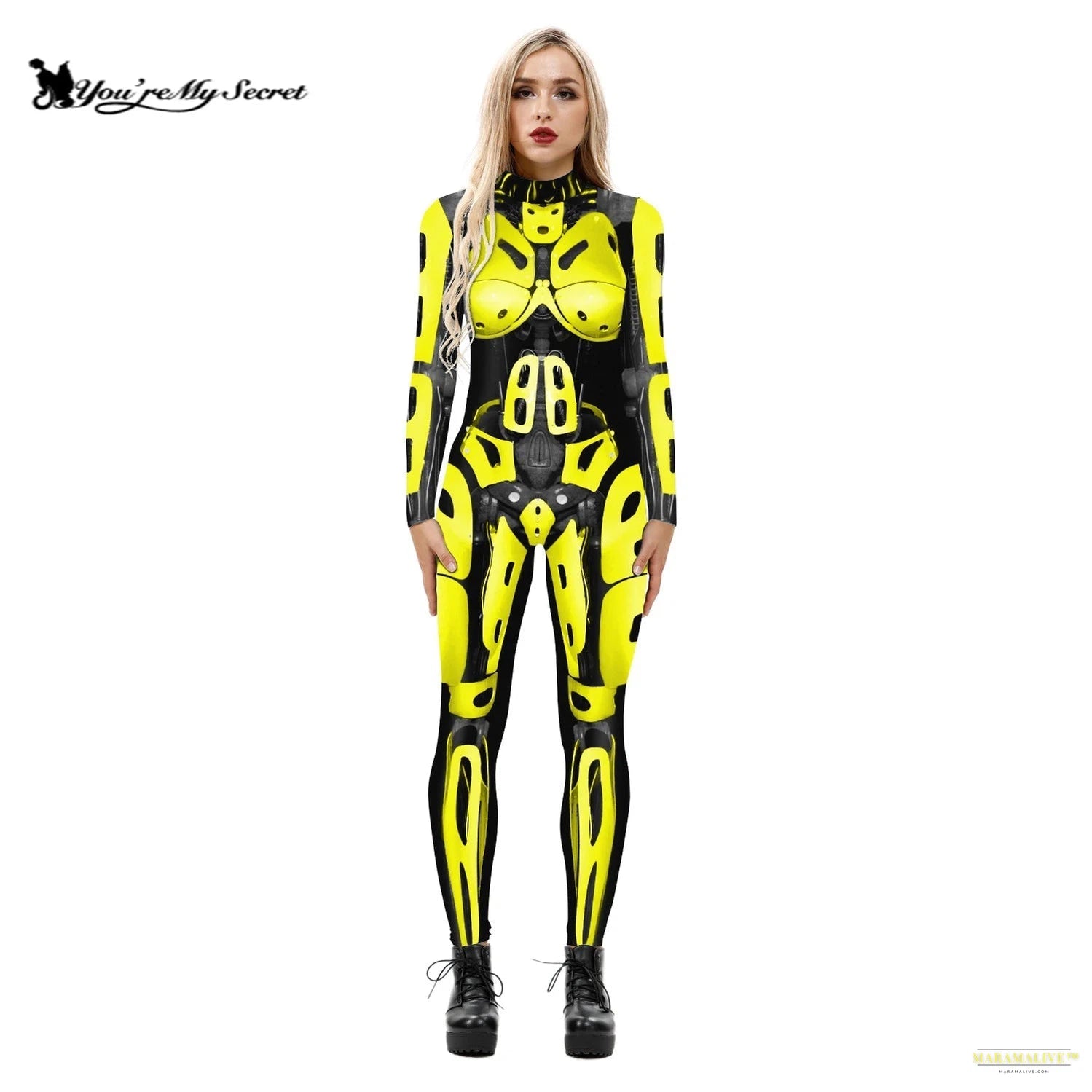 Robot Punk Cosplay Costume for Women Digital Printing Yellow Long Sleeves Jumpsuit Halloween Dress Up Bodysuit