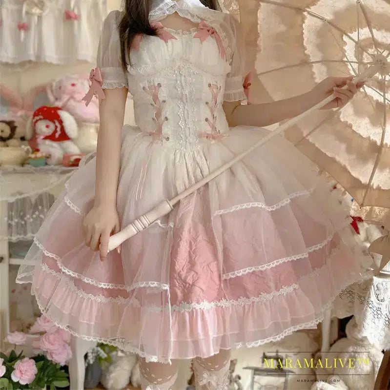 【Romantic love】~Coalfell Original Design Lolita Light Flower wedding dress Super Fairy elegant jsk Sling Dress Prom Party Dress