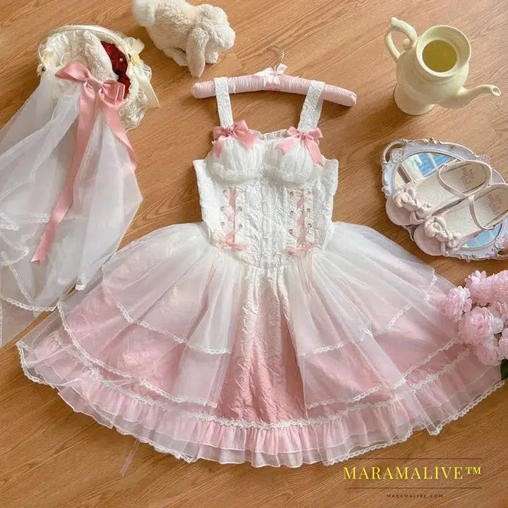 【Romantic love】~Coalfell Original Design Lolita Light Flower wedding dress Super Fairy elegant jsk Sling Dress Prom Party Dress