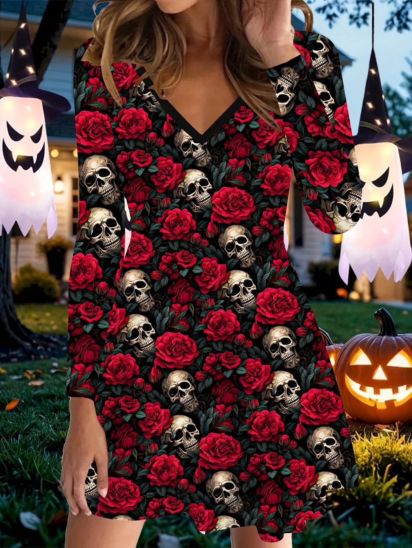 Rose & Skull Print V Neck Dress, Vintage Long Sleeve Dress For Spring & Fall, Women's Clothing