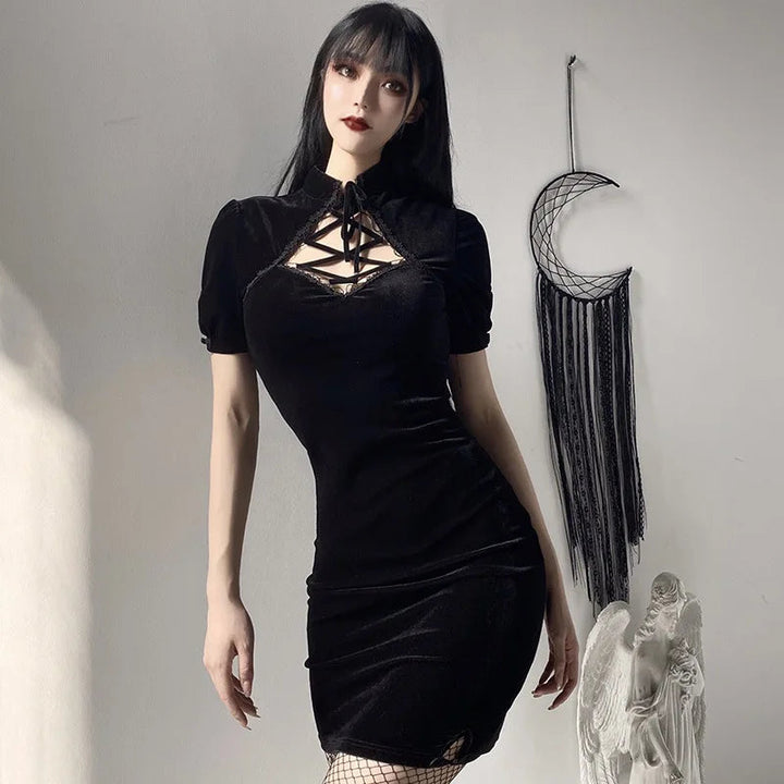 Rosetic Short Bandage Goth Dress Women Gothic Punk Belt Long Sleeve Streetwear Black Mini Casual Dresses Spring