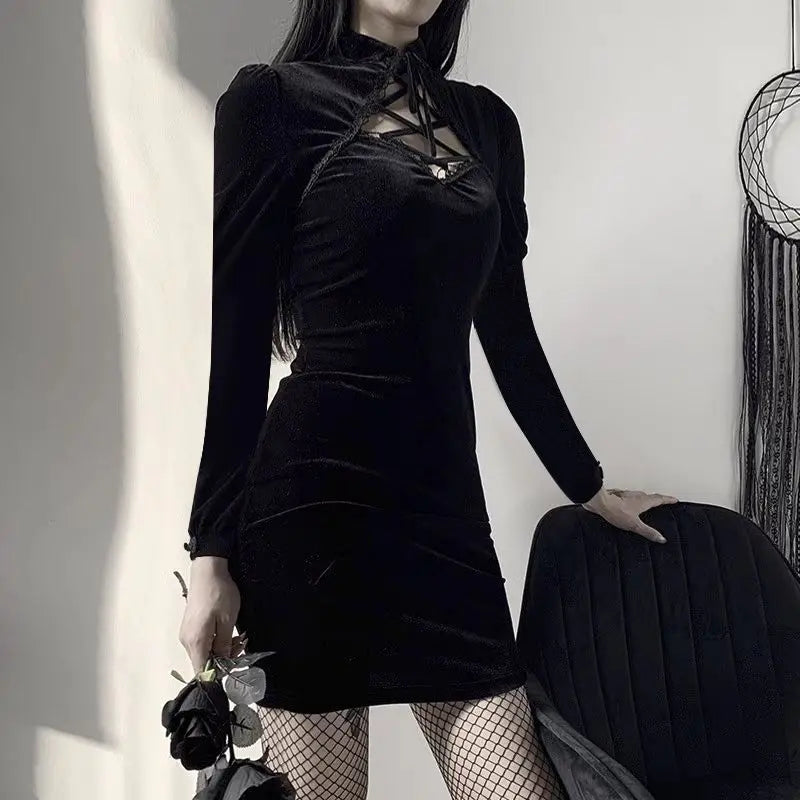 Rosetic Short Bandage Goth Dress Women Gothic Punk Belt Long Sleeve Streetwear Black Mini Casual Dresses Spring