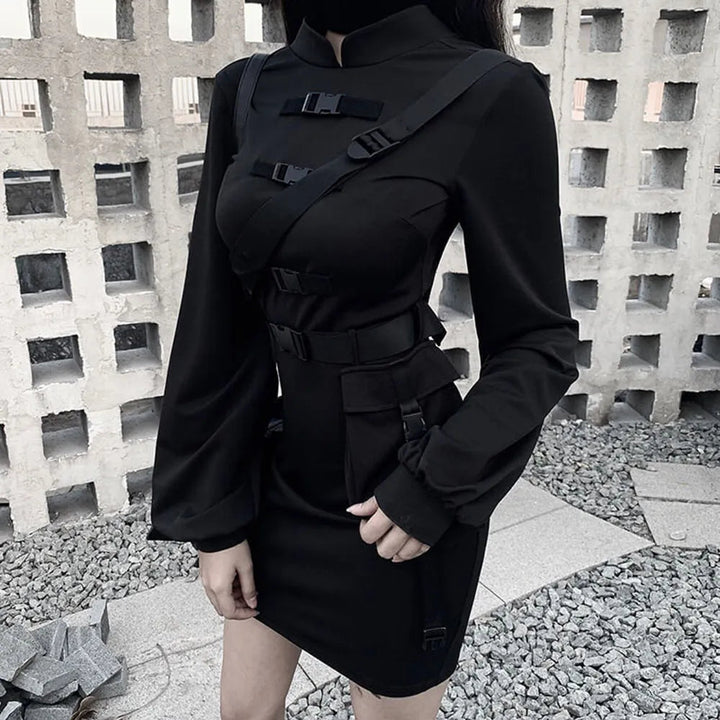 Rosetic Short Bandage Goth Dress Women Gothic Punk Belt Long Sleeve Streetwear Black Mini Casual Dresses Spring