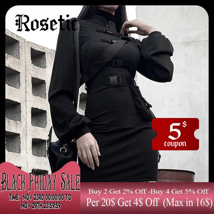 Rosetic Short Bandage Goth Dress Women Gothic Punk Belt Long Sleeve Streetwear Black Mini Casual Dresses Spring