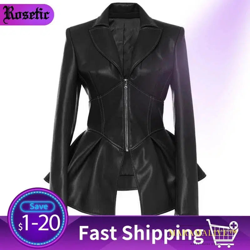 Rosetic Women Jacket Black Gothic Faux Leather PU Jacket Women Winter Spring Motorcycle Jacket Black Faux Goth Leather Coats