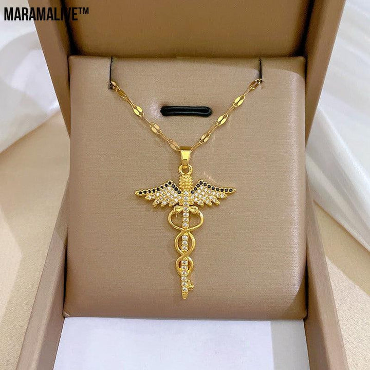 Rotating Dragonfly Snake Stick Angel Wings Necklace