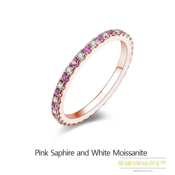 Round Moissanite Ring Real S925 Silver Stackable Rings for Women Pink and Blue Saphire Wedding Band Fine Jewelry