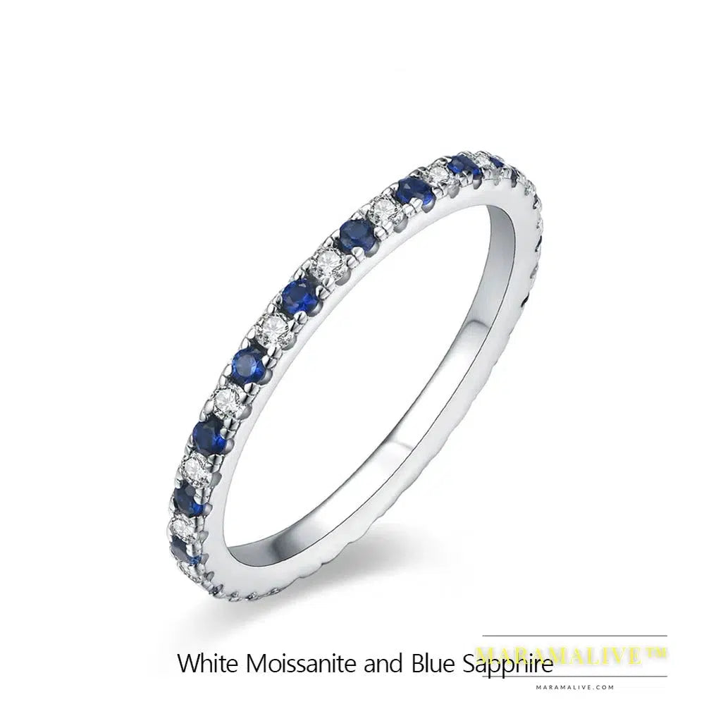 Round Moissanite Ring Real S925 Silver Stackable Rings for Women Pink and Blue Saphire Wedding Band Fine Jewelry