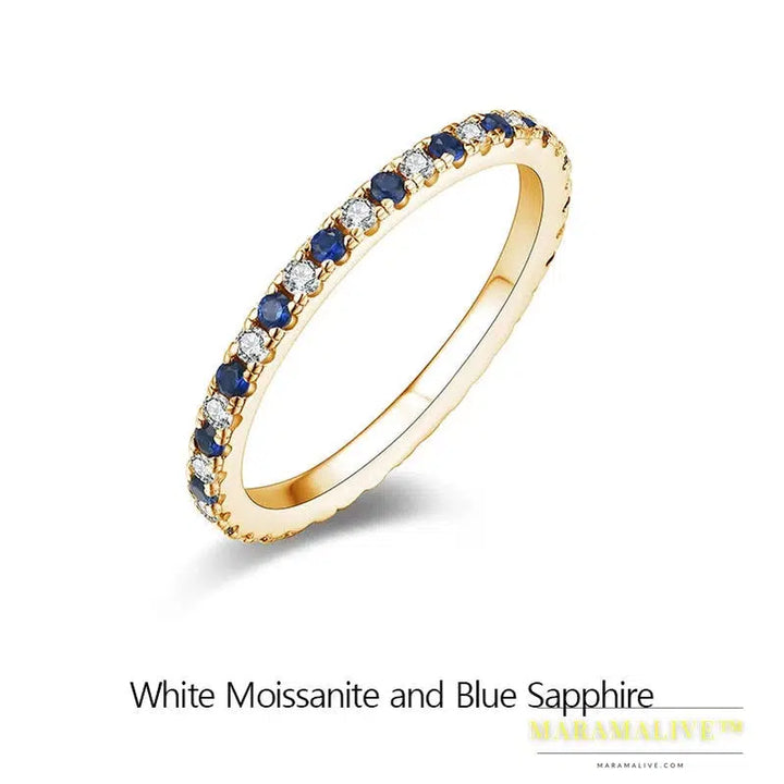 Round Moissanite Ring Real S925 Silver Stackable Rings for Women Pink and Blue Saphire Wedding Band Fine Jewelry