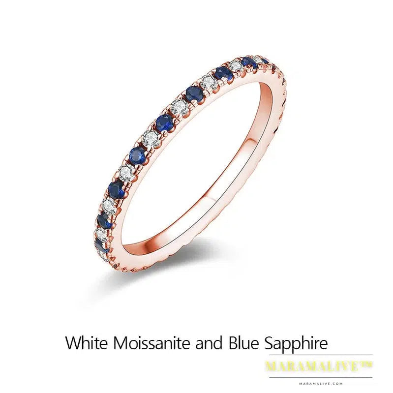 Round Moissanite Ring Real S925 Silver Stackable Rings for Women Pink and Blue Saphire Wedding Band Fine Jewelry