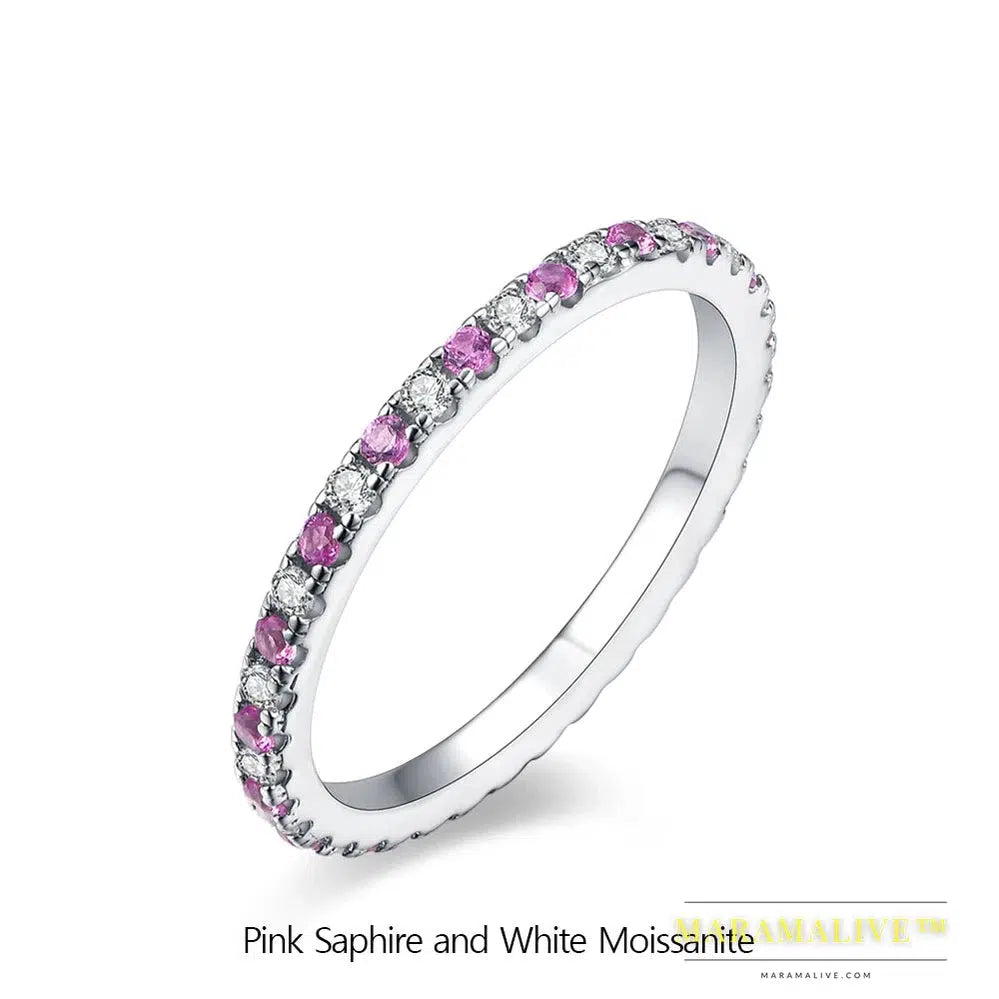 Round Moissanite Ring Real S925 Silver Stackable Rings for Women Pink and Blue Saphire Wedding Band Fine Jewelry