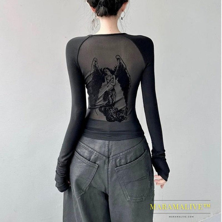 Round Neck Hot Girl Short Angel Print Niche Slimming Patchwork Long Sleeve Top Bottoming Shirt