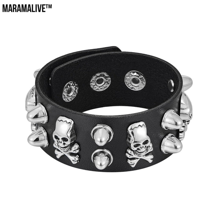 Round Rivet Gothic Bracelet Hip Hop Dark Skull Head Leather Bracelet